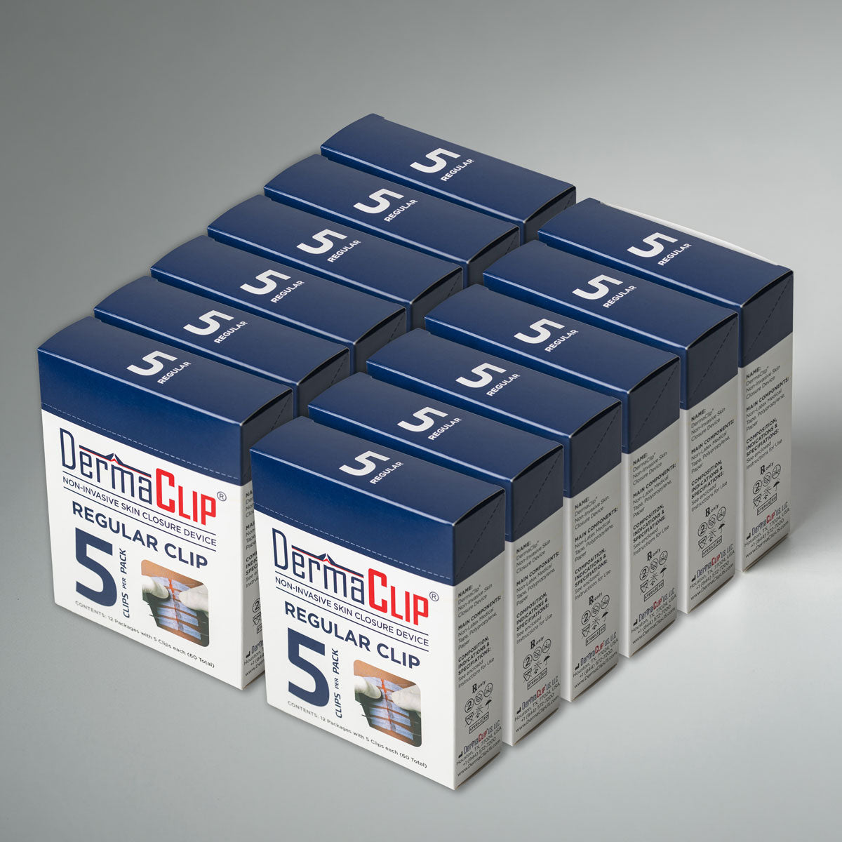 DermaClip Regular 5-Clip Pack — Case of 12 Boxes (each with 12 Packages, 144 Total Packages), Non-Invasive Skin Closure Device