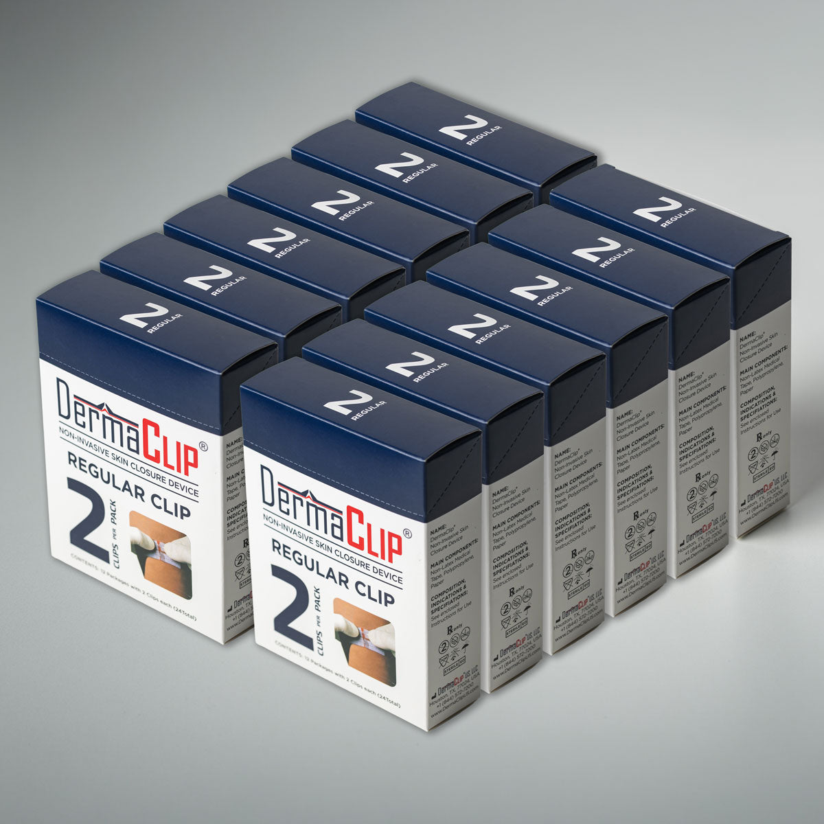 DermaClip Regular 2-Clip Pack —  Case of 12 Boxes (each with 12 Packages, 144 Total Packages), Non-Invasive Skin Closure Device