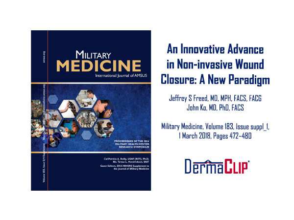 Military Medicine Journal Volume 183 featuring DermaClip Peer Reviewed Article 'An Innovative Advance in Non-invasive Wound Closure: A New Paradigm' by Drs. Jeffrey S. Freed & John Ko